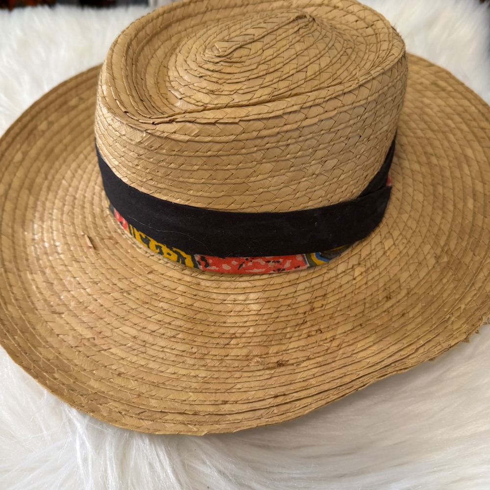 Vintage - Made in Philippines Straw Hat with Ribbon Detail Resort Vibes